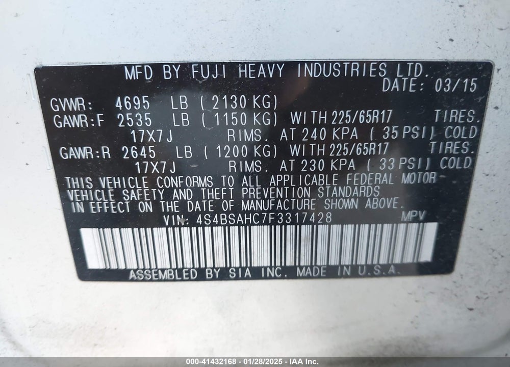2015 SUBARU OUTBACK VIN: 4S4BSAHC7F3317428