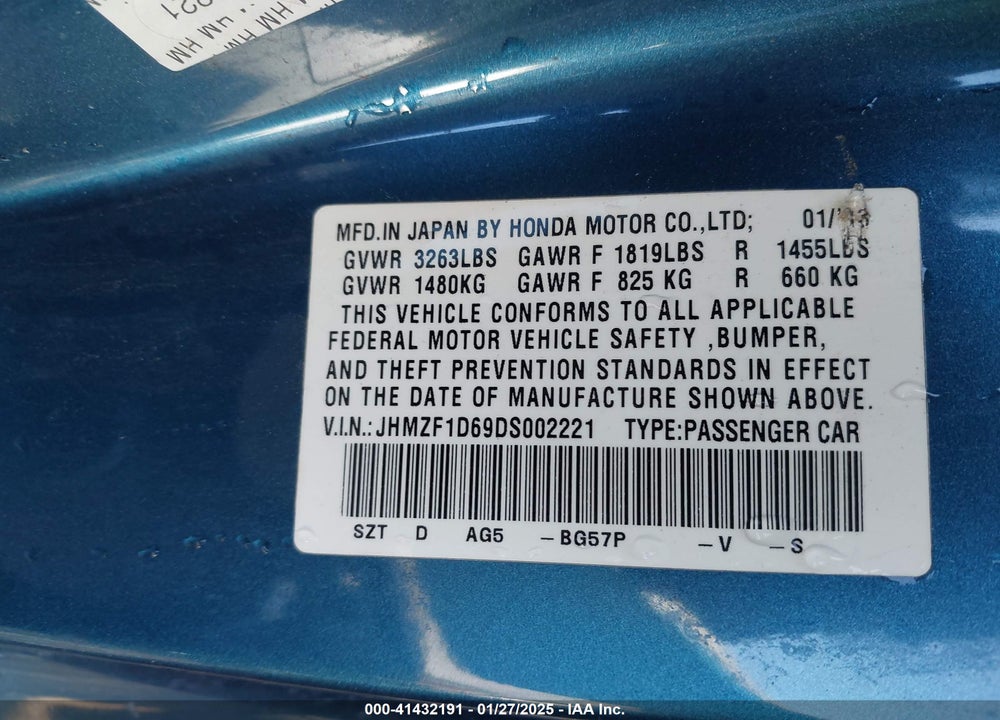 2013 HONDA CR-Z VIN: JHMZF1D69DS002221