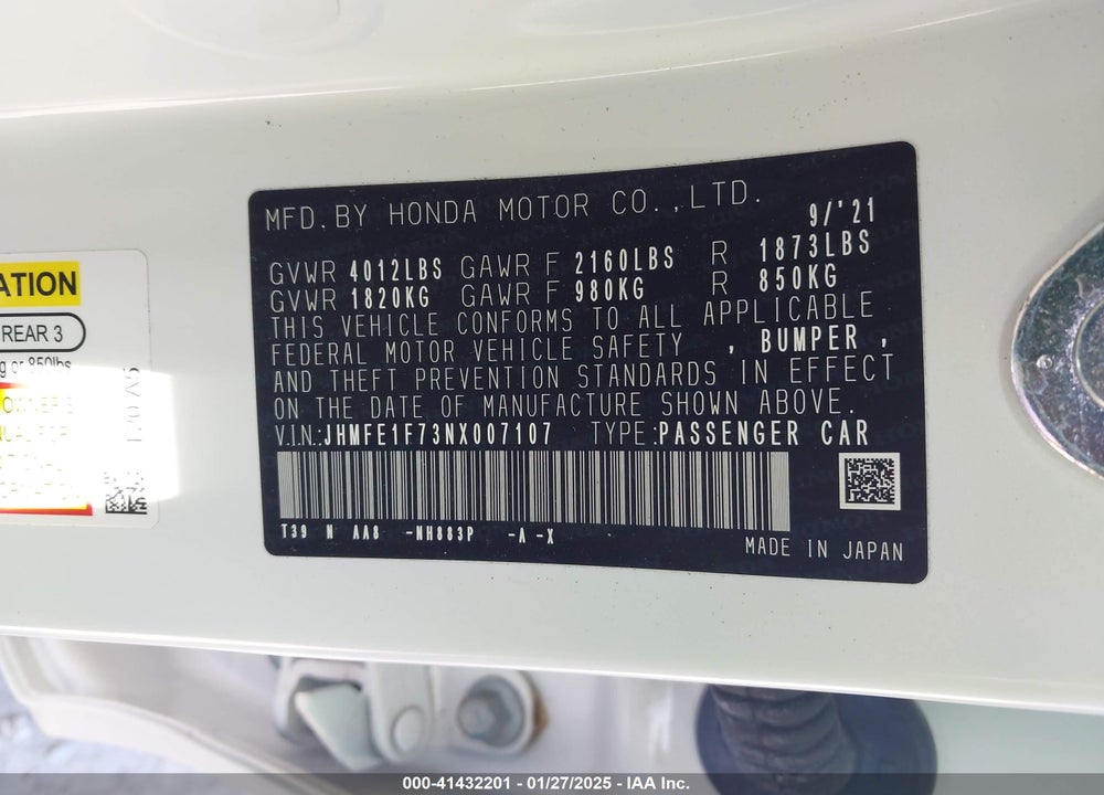 2022 HONDA CIVIC VIN: JHMFE1F73NX007107