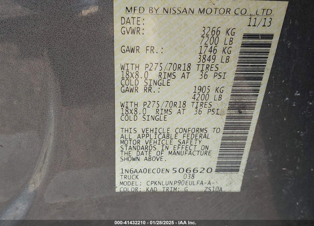 2014 NISSAN TITAN VIN: 1N6AA0EC0EN506620