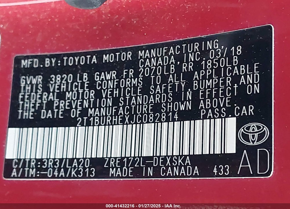 2018 TOYOTA COROLLA VIN: 2T1BURHEXJC082814