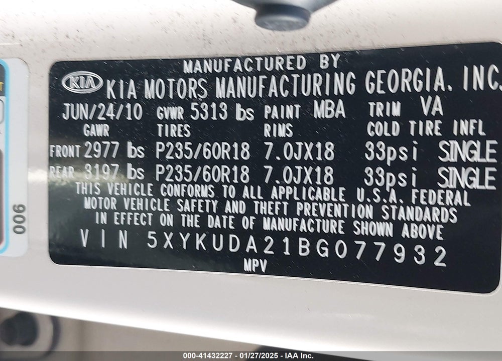 2011 KIA SORENTO EX V6 VIN: 5XYKUDA21BG077932
