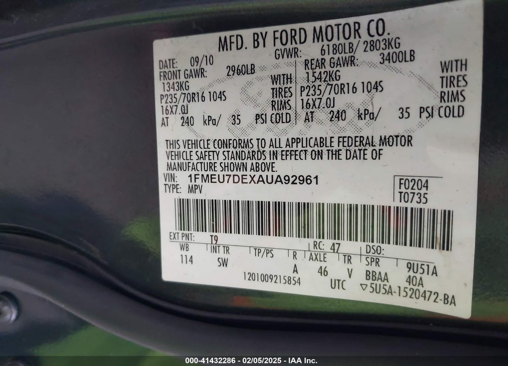 2010 FORD EXPLORER XLT VIN: 1FMEU7DEXAUA92961