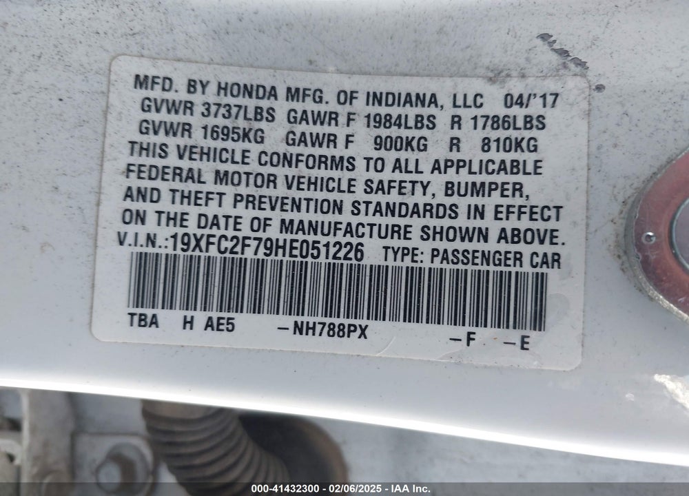 2017 HONDA CIVIC EX VIN: 19XFC2F79HE051226