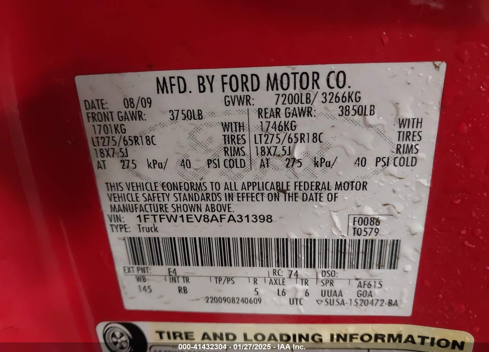 2010 FORD F-150 FX4/HARLEY-DAVIDSON/KING RANCH/LARIAT/PLATINUM/XL/XLT VIN: 1FTFW1EV8AFA31398