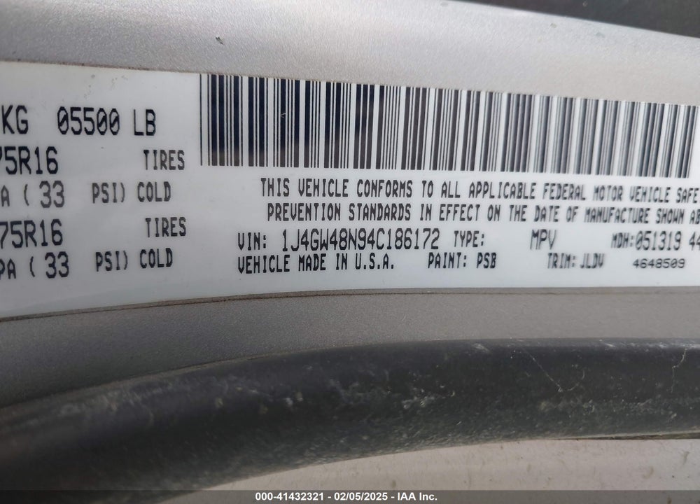 2004 JEEP GRAND CHEROKEE LAREDO VIN: 1J4GW48N94C186172