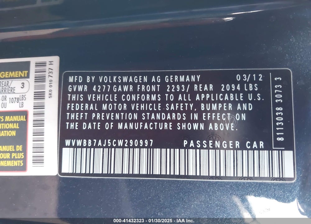 2012 VOLKSWAGEN GOLF VIN: WVWBB7AJ5CW290997