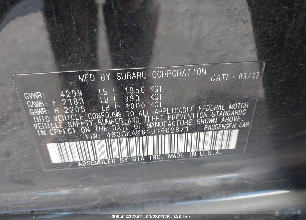 2018 SUBARU IMPREZA VIN: 4S3GKAK61J1602871