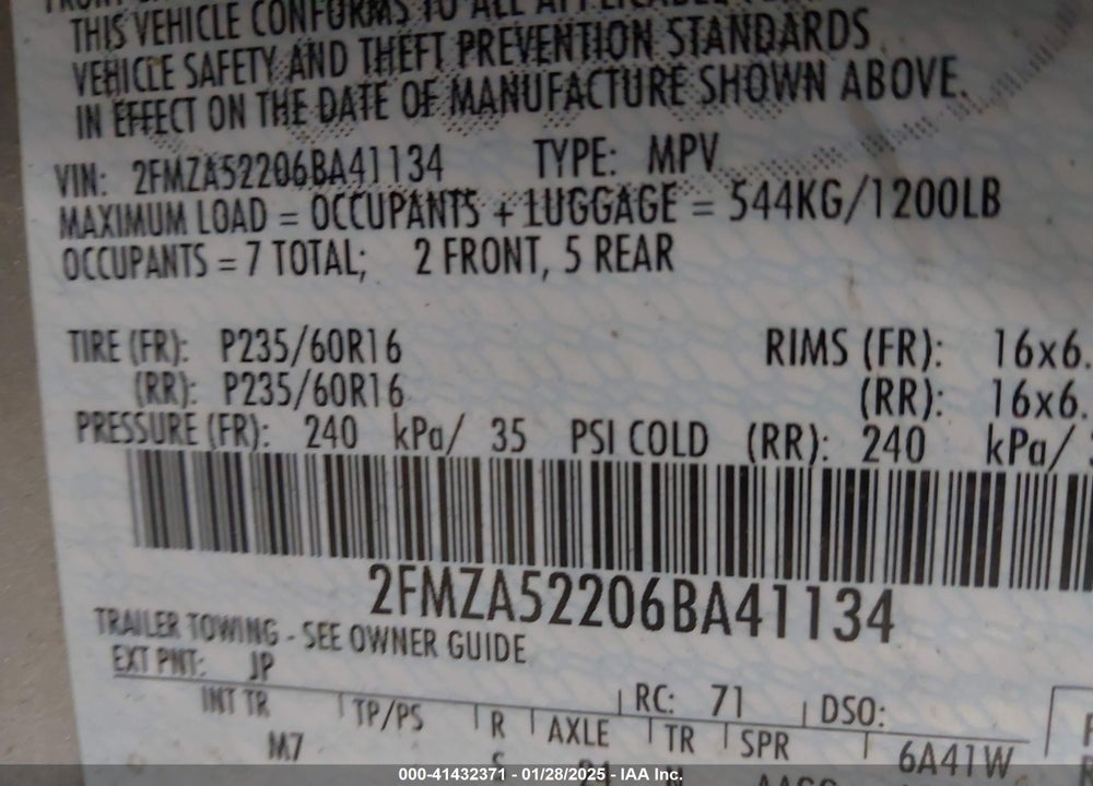 2006 FORD FREESTAR SEL VIN: 2FMZA52206BA41134