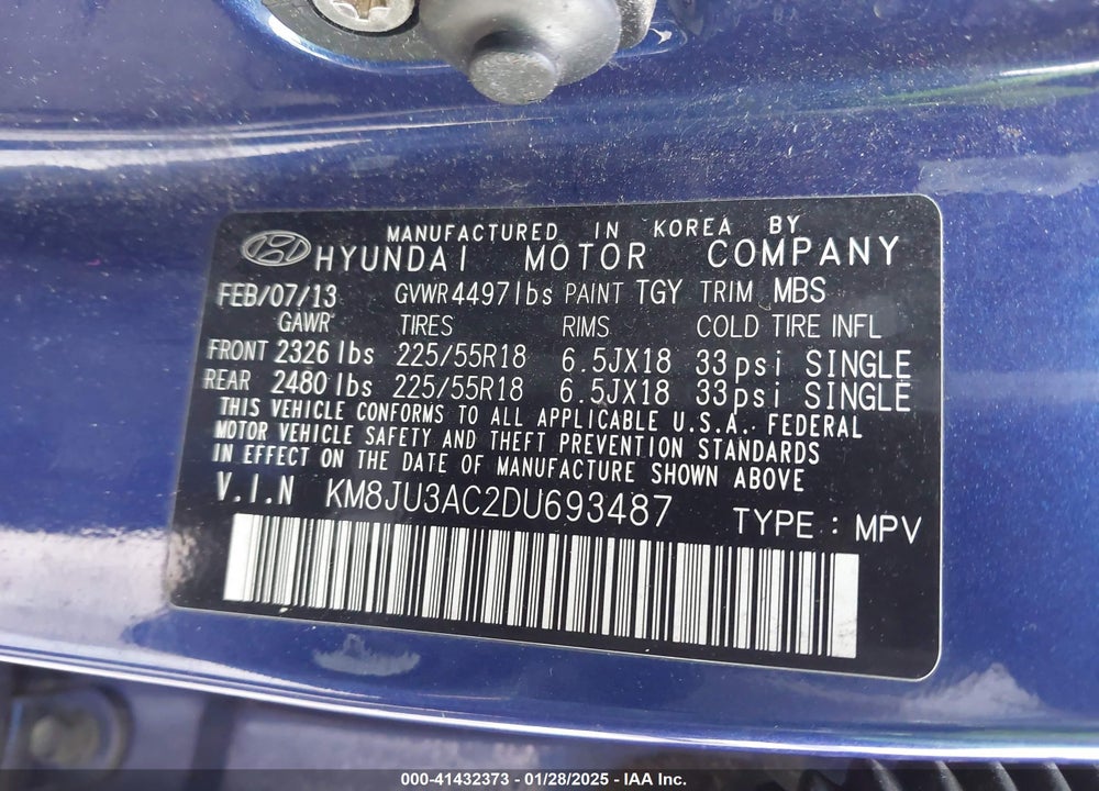 2013 HYUNDAI TUCSON VIN: KM8JU3AC2DU693487