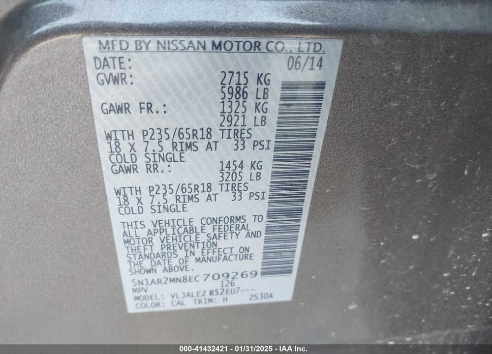 2014 NISSAN PATHFINDER SV VIN: 5N1AR2MN8EC709269