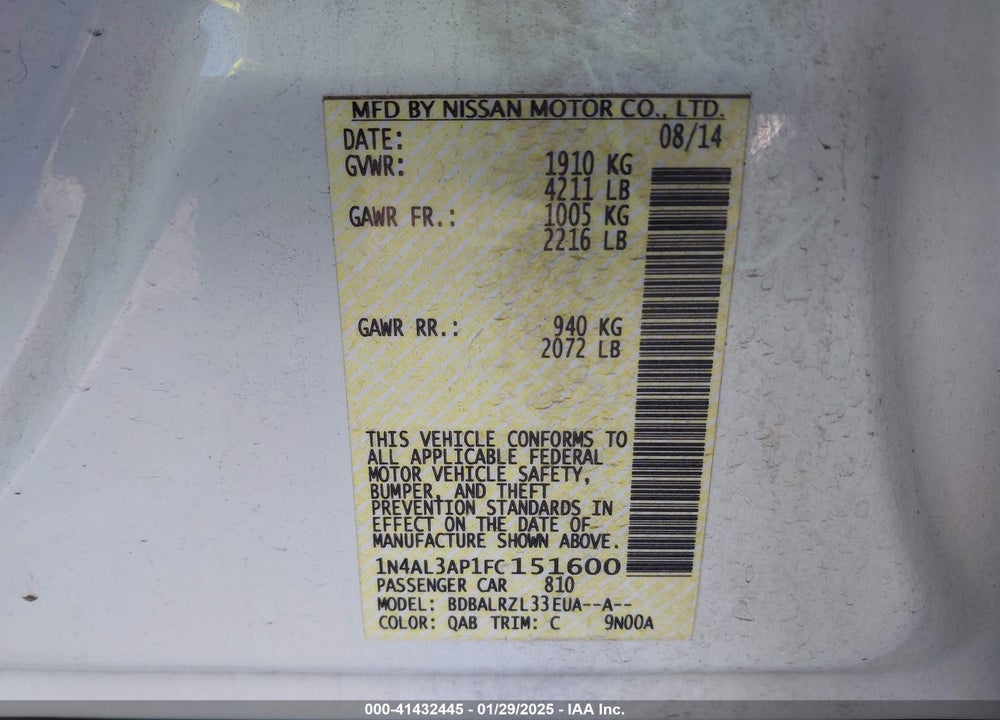 2015 NISSAN ALTIMA VIN: 1N4AL3AP1FC151600