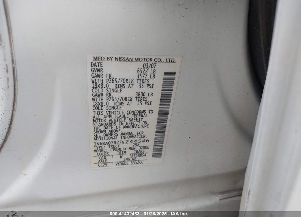 2007 NISSAN TITAN VIN: 1N6BA07B27N244546