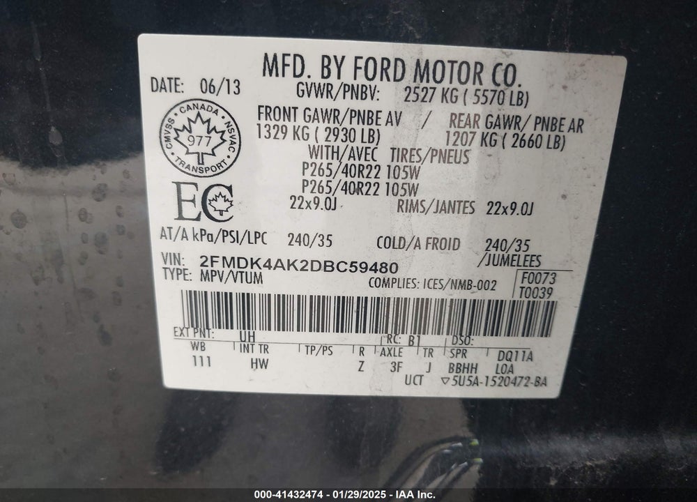 2013 FORD EDGE SPORT VIN: 2FMDK4AK2DBC59480