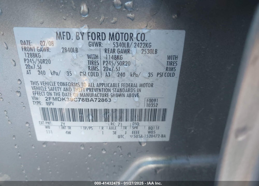 2008 FORD EDGE LIMITED VIN: 2FMDK39C78BA72863