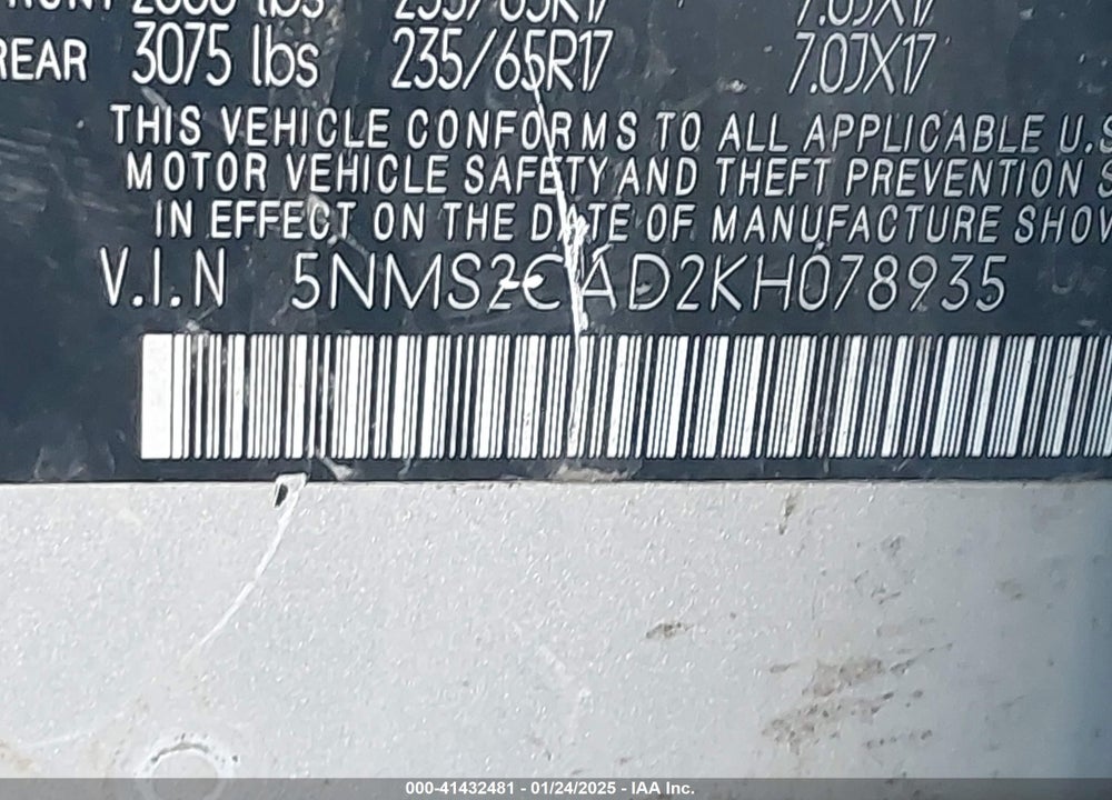 2019 HYUNDAI SANTA FE SE VIN: 5NMS2CAD2KH078935