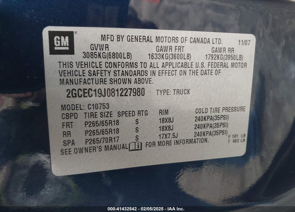2008 CHEVROLET SILVERADO 1500 VIN: 2GCEC19J081227980