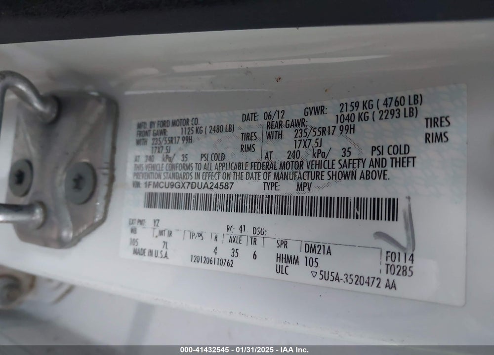 2013 FORD ESCAPE SE VIN: 1FMCU9GX7DUA24587