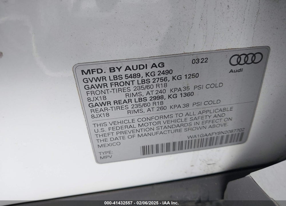 2022 AUDI Q5 PREMIUM 45 TFSI S LINE QUATTRO S TRONIC VIN: WA1GAAFY8N2087702