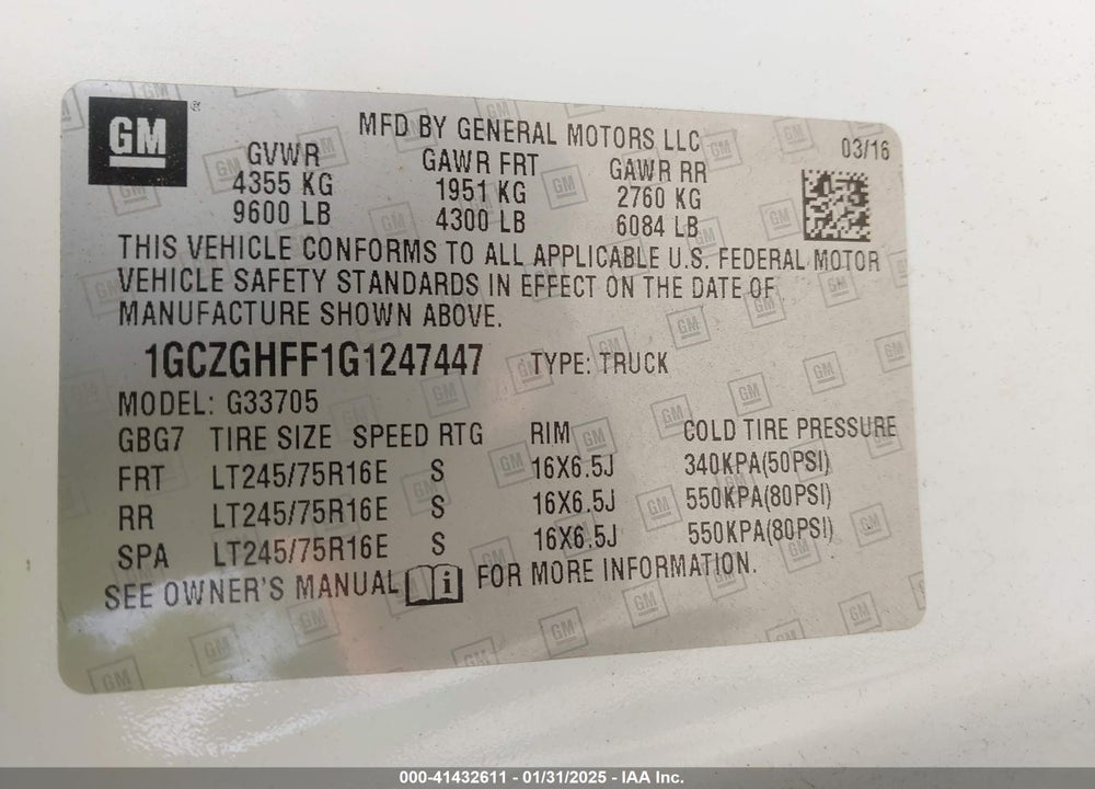 2016 CHEVROLET EXPRESS 3500 WORK VAN VIN: 1GCZGHFF1G1247447