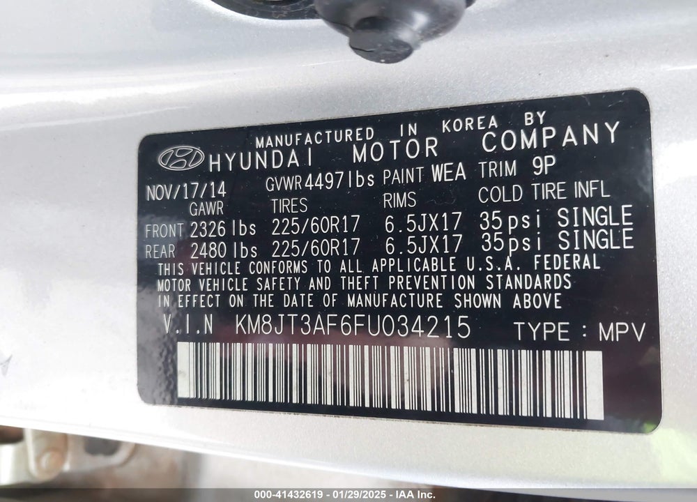 2015 HYUNDAI TUCSON GLS VIN: KM8JT3AF6FU034215