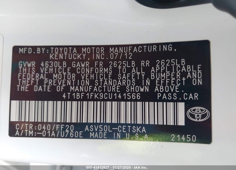 2012 TOYOTA CAMRY VIN: 4T1BF1FK9CU141566