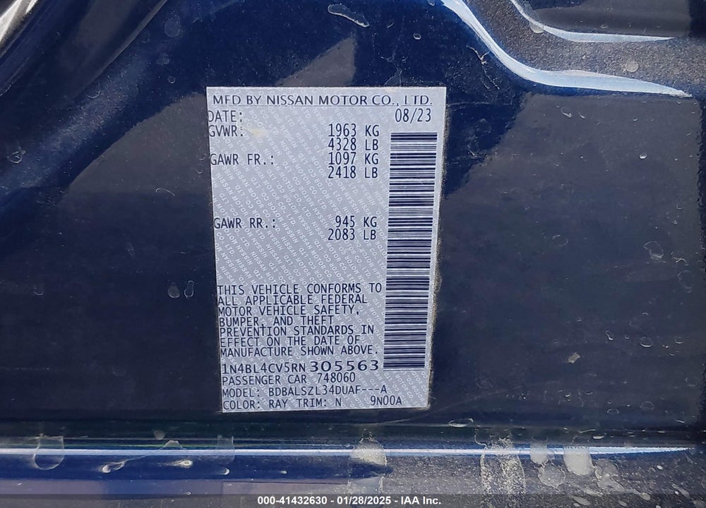 2024 NISSAN ALTIMA SR FWD VIN: 1N4BL4CV5RN305563