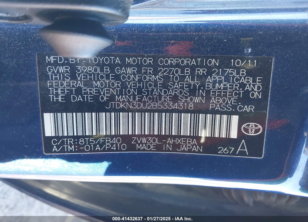 2011 TOYOTA PRIUS THREE VIN: JTDKN3DU2B5334318