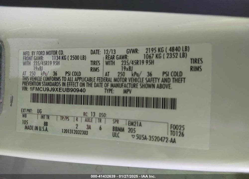 2014 FORD ESCAPE VIN: 1FMCU9J9XEUB90940