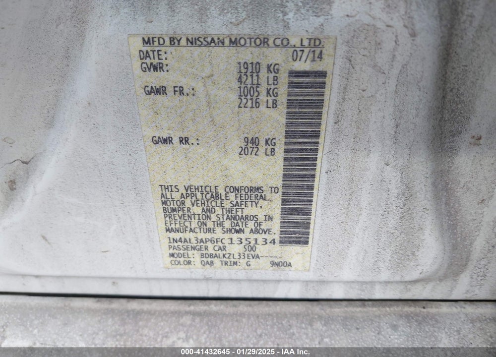 2015 NISSAN ALTIMA VIN: 1N4AL3AP6FC135134