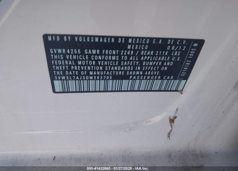 2013 VOLKSWAGEN JETTA VIN: 3VW3L7AJ3DM363705