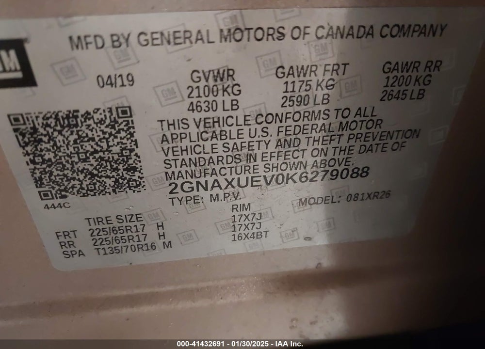 2019 CHEVROLET EQUINOX LT VIN: 2GNAXUEV0K6279088