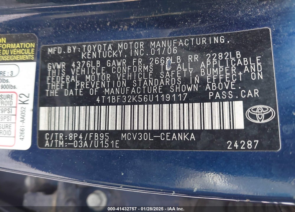 2006 TOYOTA CAMRY LE V6 VIN: 4T1BF32K56U119117