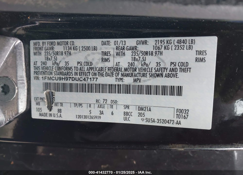 2013 FORD ESCAPE SEL VIN: 1FMCU9H97DUC47177