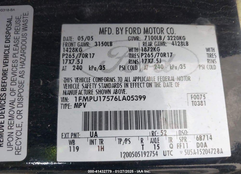 2006 FORD EXPEDITION EDDIE BAUER/KING RANCH VIN: 1FMPU17576LA05399