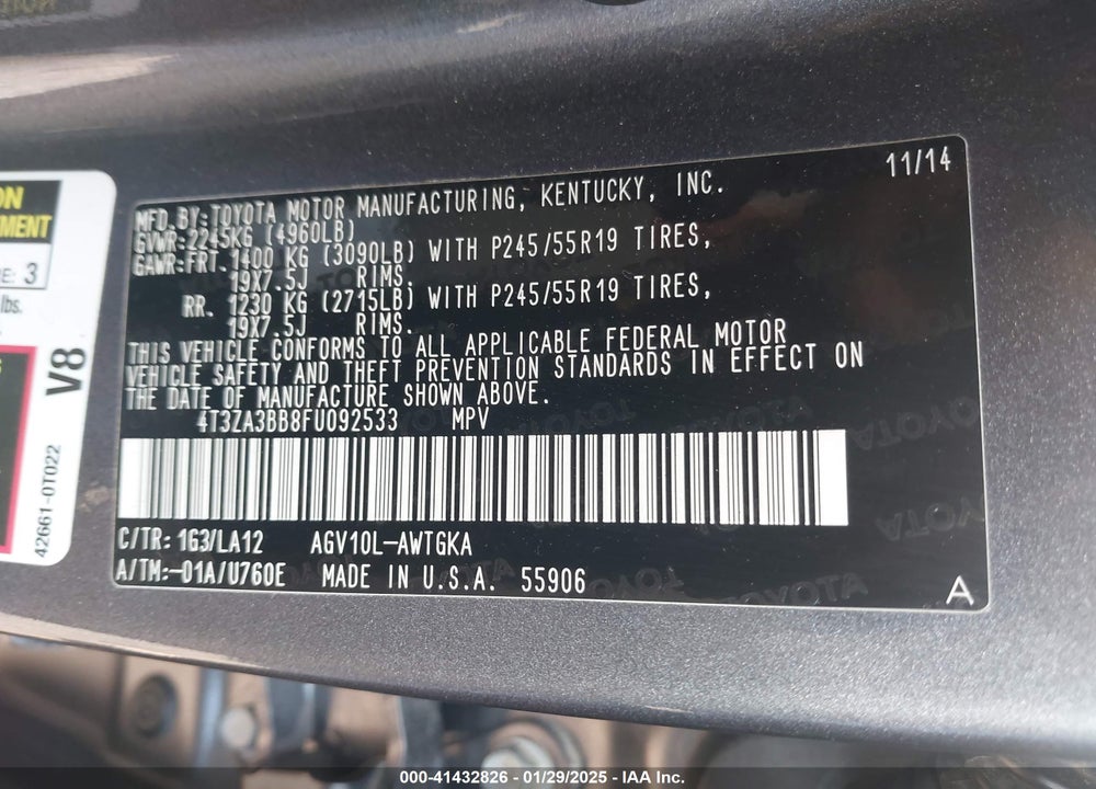 2015 TOYOTA VENZA VIN: 4T3ZA3BB8FU092533