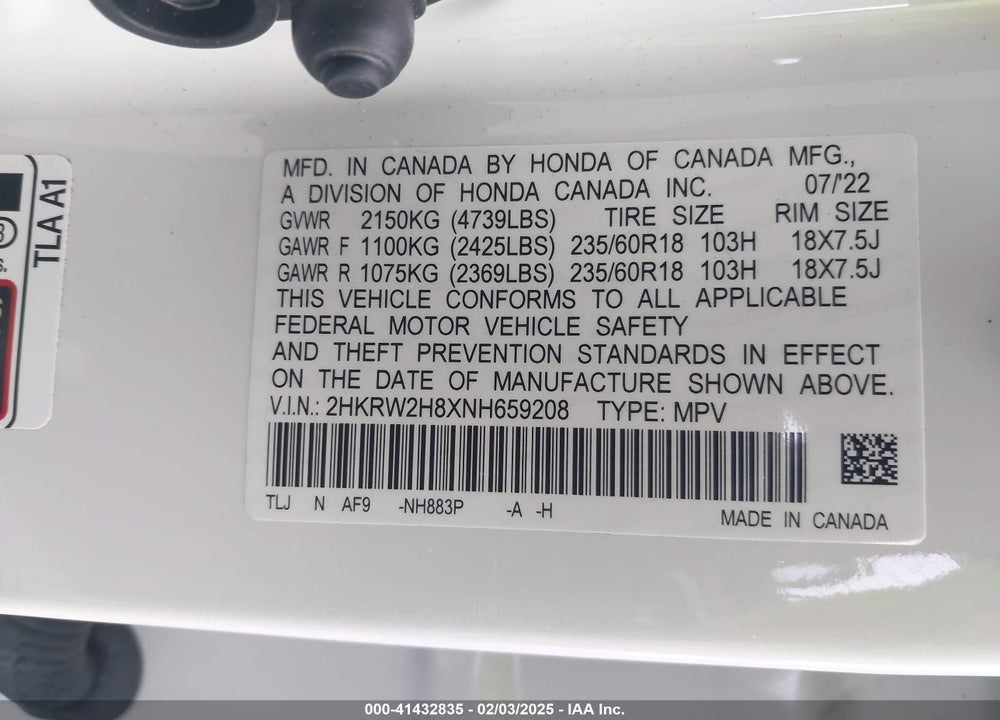 2022 HONDA CR-V VIN: 2HKRW2H8XNH659208