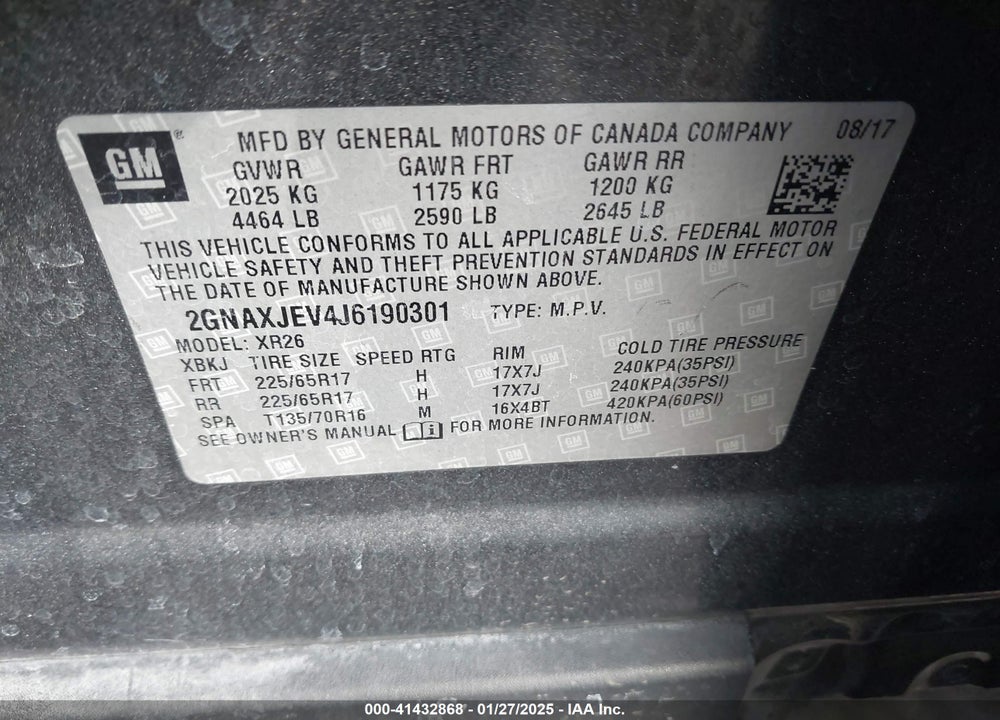 2018 CHEVROLET EQUINOX LT VIN: 2GNAXJEV4J6190301