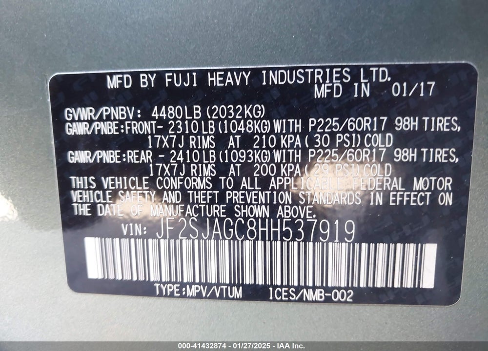 2017 SUBARU FORESTER 2.5I PREMIUM VIN: JF2SJAGC8HH537919