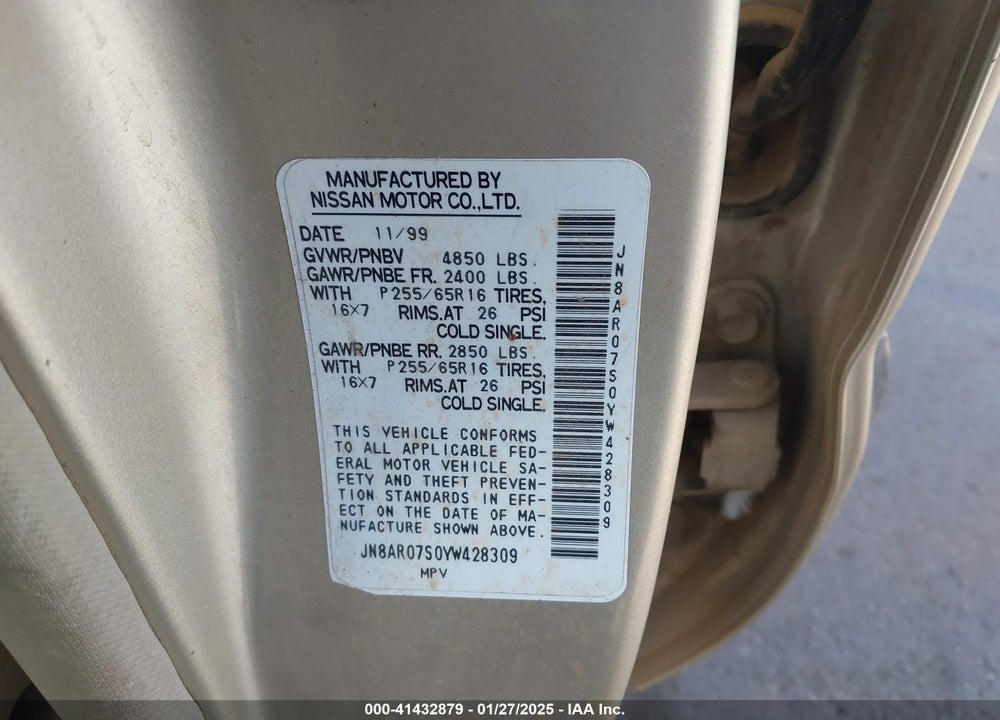 2000 NISSAN PATHFINDER LE/SE/XE VIN: JN8AR07S0YW428309