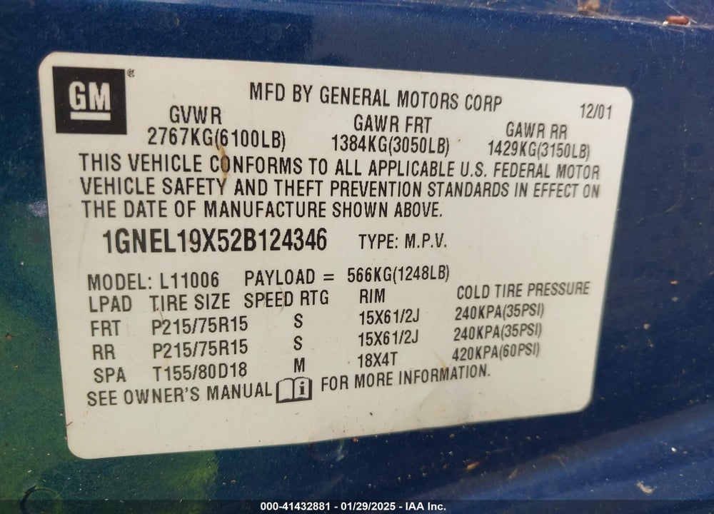 2002 CHEVROLET ASTRO LS VIN: 1GNEL19X52B124346
