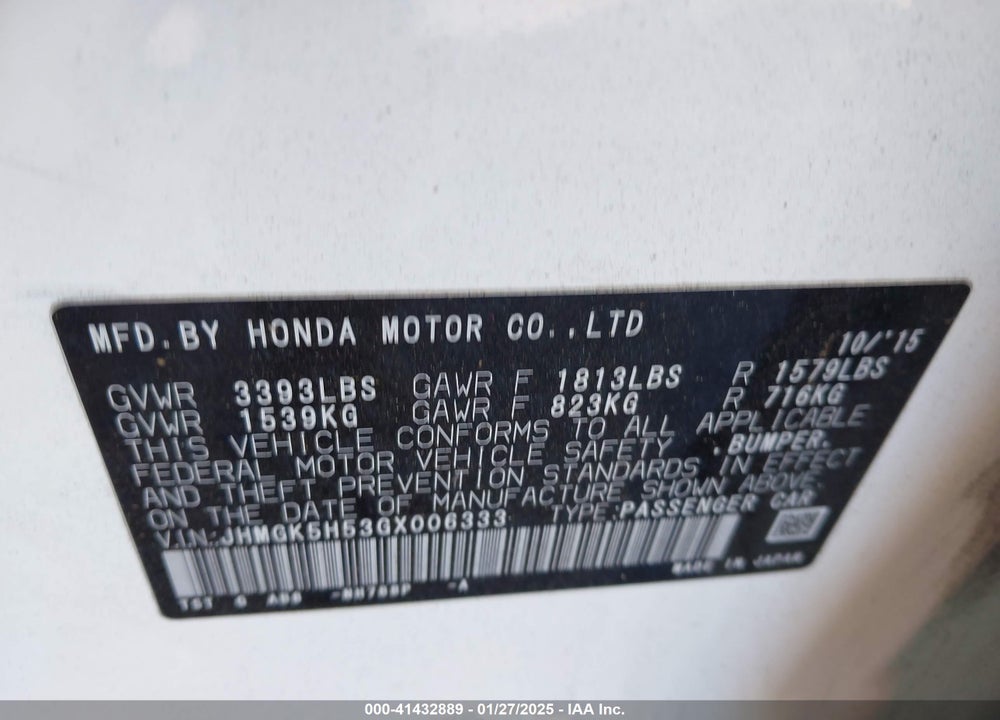 2016 HONDA FIT VIN: JHMGK5H53GX006333