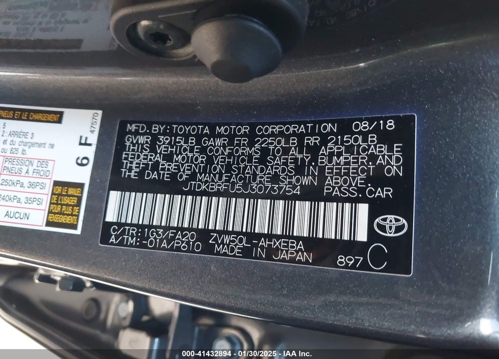 2018 TOYOTA PRIUS VIN: JTDKBRFU5J3073754