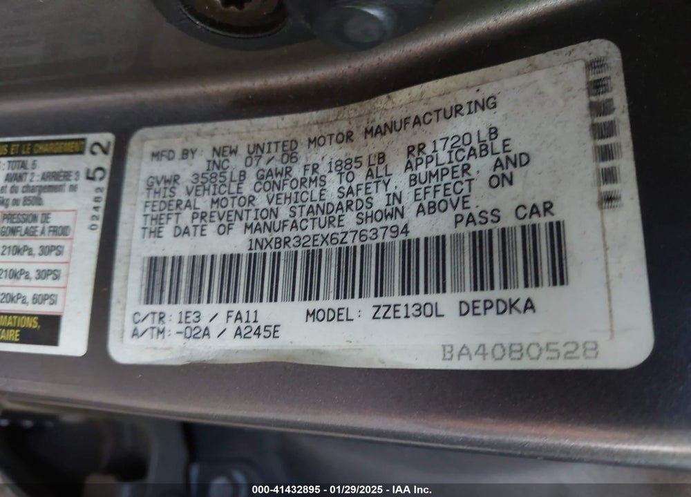 2006 TOYOTA COROLLA VIN: 1NXBR32EX6Z763794