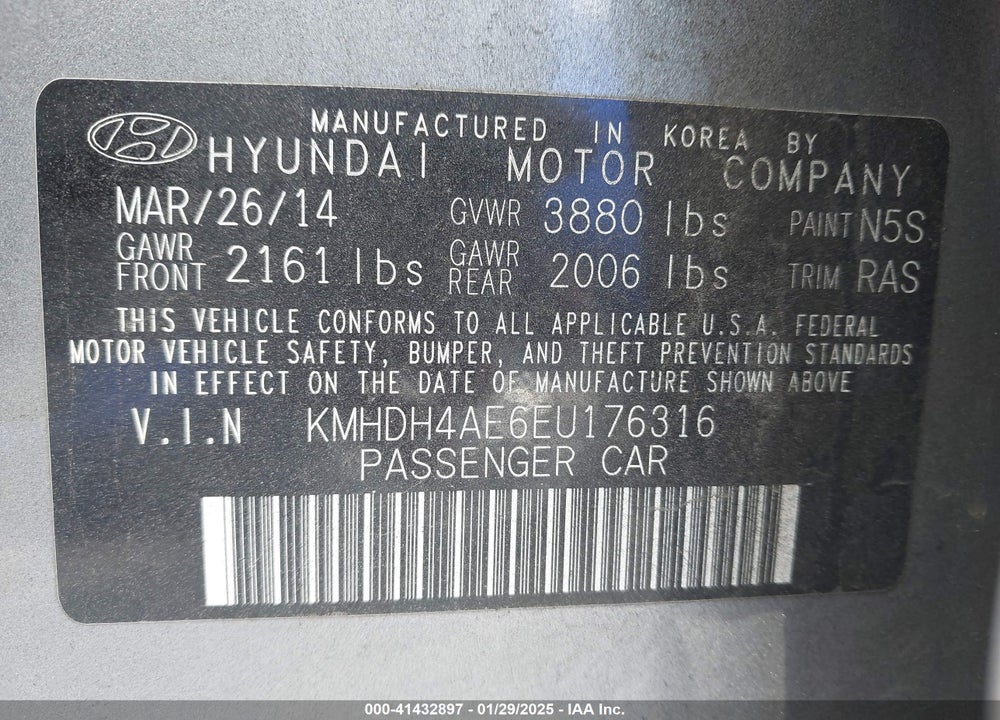 2014 HYUNDAI ELANTRA VIN: KMHDH4AE6EU176316