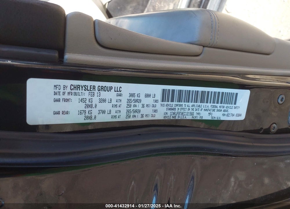 2014 JEEP GRAND CHEROKEE VIN: 1C4RJFBT0EC121566