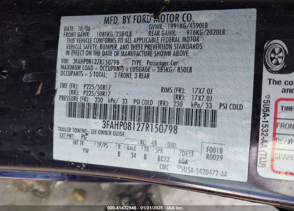 2007 FORD FUSION VIN: 3FAHP08127R150798