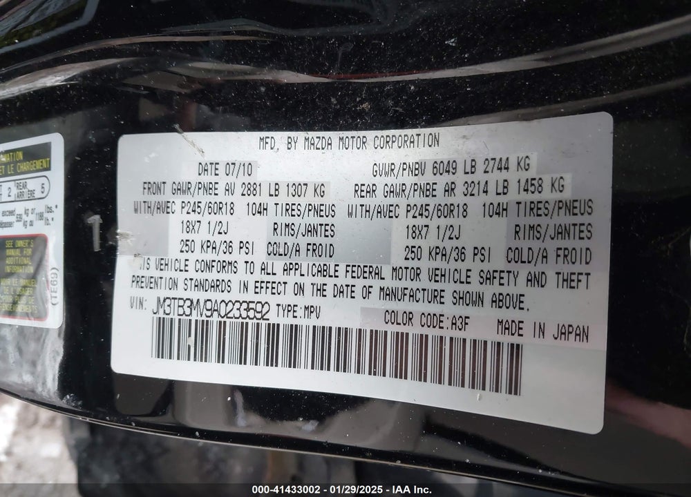 2010 MAZDA CX-9 TOURING VIN: JM3TB3MV9A0233592