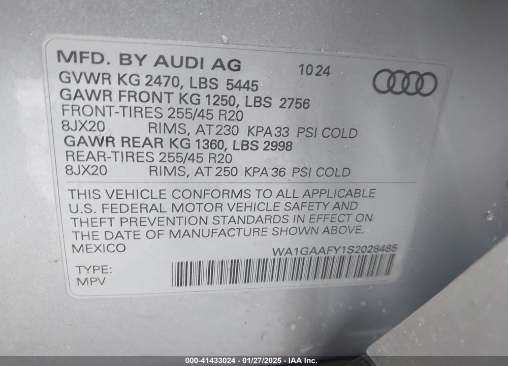 2025 AUDI Q5 PREMIUM 45 TFSI S LINE QUATTRO VIN: WA1GAAFY1S2028485
