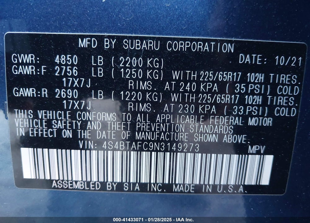 2022 SUBARU OUTBACK PREMIUM VIN: 4S4BTAFC9N3149273
